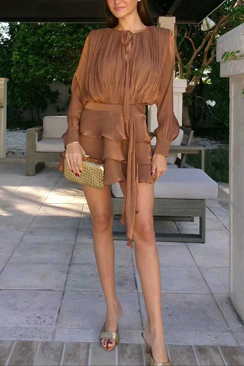 Heididress Lantern Long Sleeves Draped Ruffle Layered Mini Dress with Shorts