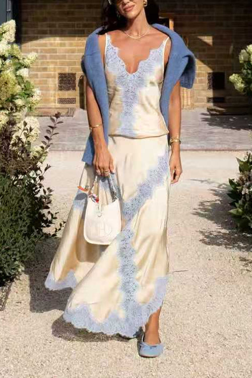 Heididress Adjustable Strap V Neck Lace Trim Satin Top