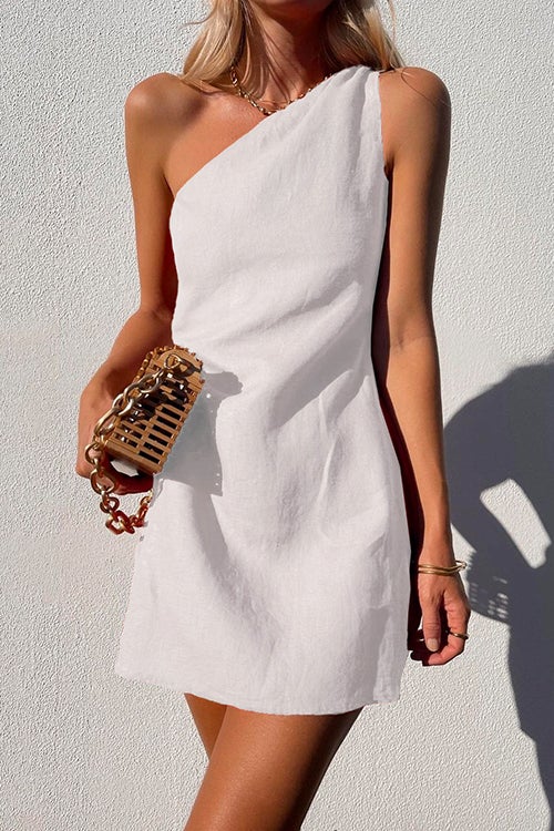 Heididress Sue One Shoulder Cotton Linen Mini Dress