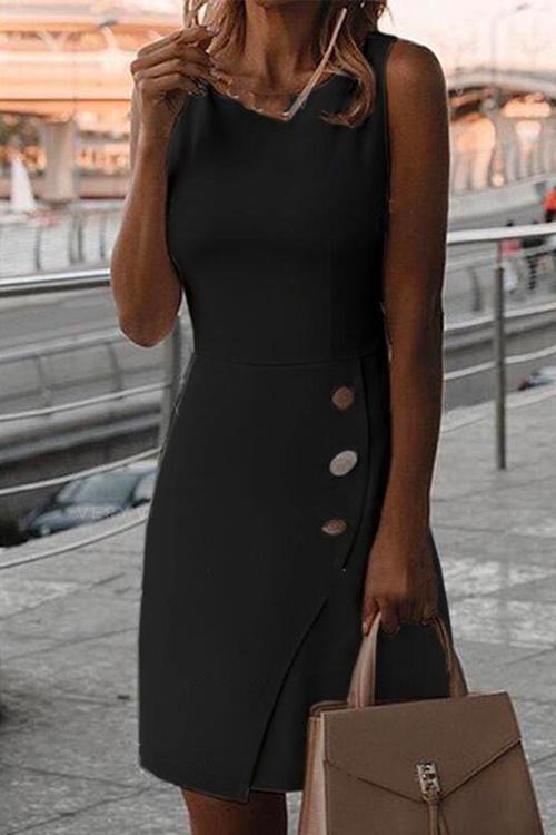 Heididress Crewneck Buttons Sleeveless Office Dress
