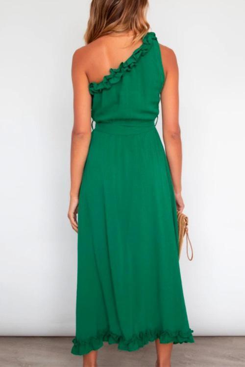Heididress One Shoulder Sleeveless Tie Waist Ruffle Swing Dress