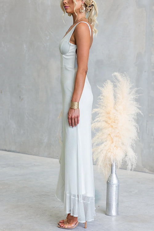 Glitter V Neck Backless Ruffle Slit Maxi Cami Dress