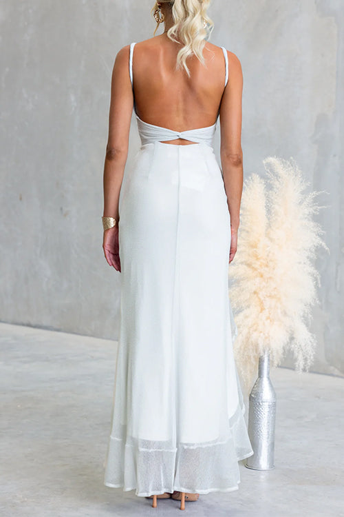 Glitter V Neck Sleeveles Ruffle Slit Maxi Dress