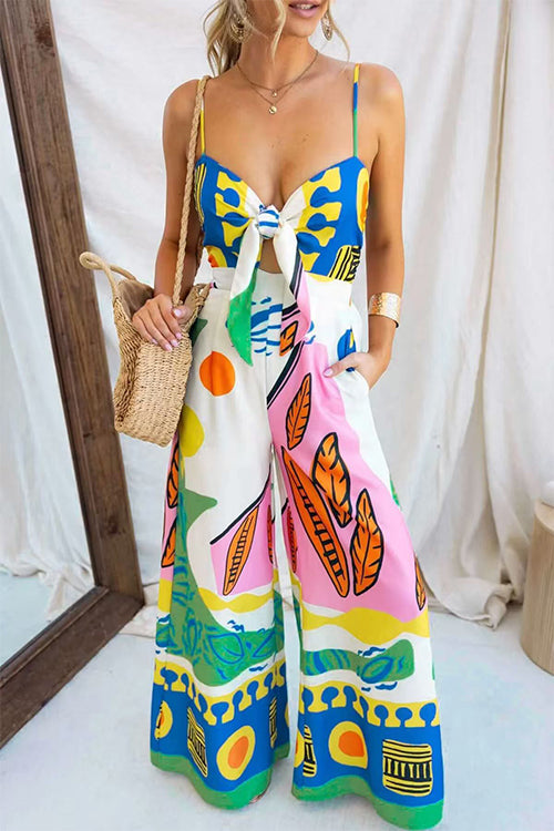 Heididress Spaghetti Strap Cut Out Unique Print Wide Leg Jumpsuit