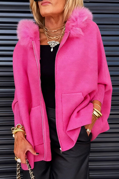 Heididress Dolman Sleeves Zipper Up Pocketed Jacket with Faux Fur Hood