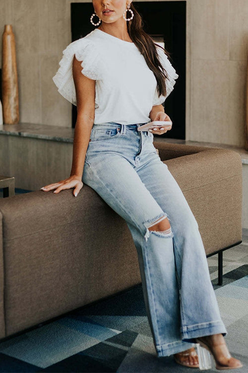 Heididress Round Neck Polka Dot Ruffle Short Sleeves Top