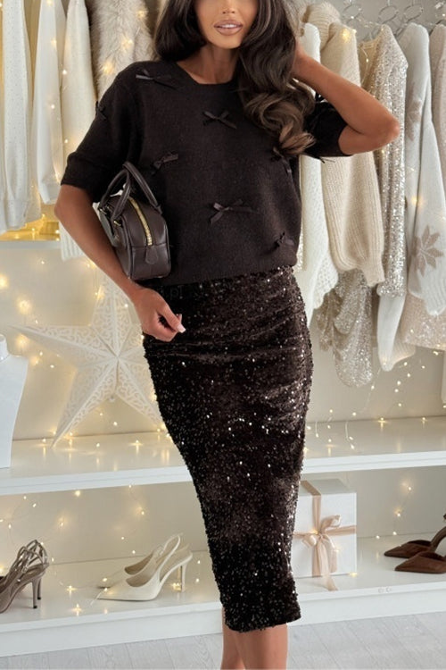 Crewneck Short Sleeves Bow Decorative Pullover Sweater