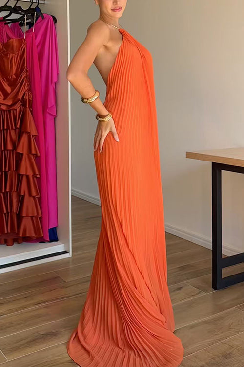 Halter Open Back Pleated Maxi Dress