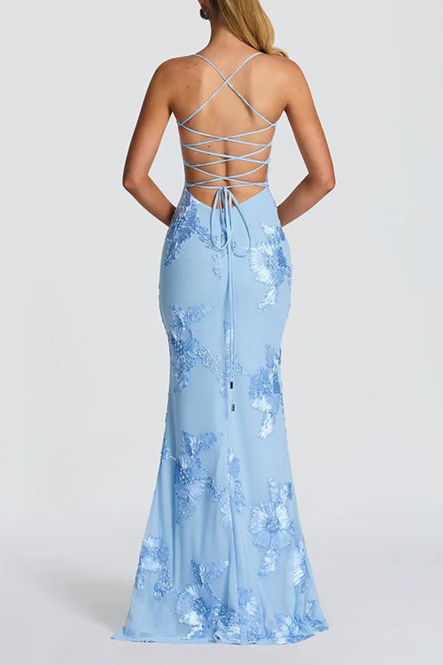 Heididress Backless Lace-up Corset Flower Embroidery Maxi Cami Dress