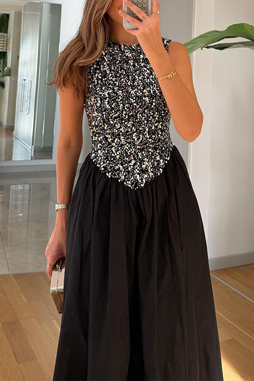 Heididress Crewneck Sleeveless Glitter Sequin Splice Maxi Dress