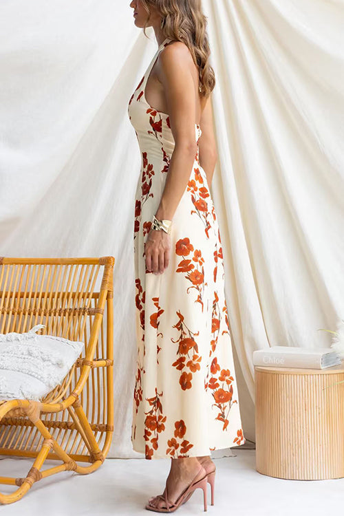 Halter V Neck Backless Floral Print Maxi Dress
