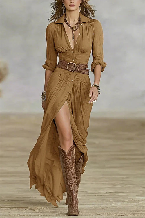 Heididress Lapel V Neck Long Sleeves Button Up Slit Maxi Dress