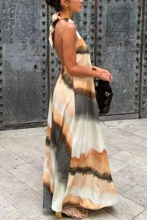 Halter Neck Open Back Tie Dye Slit Maxi Dress