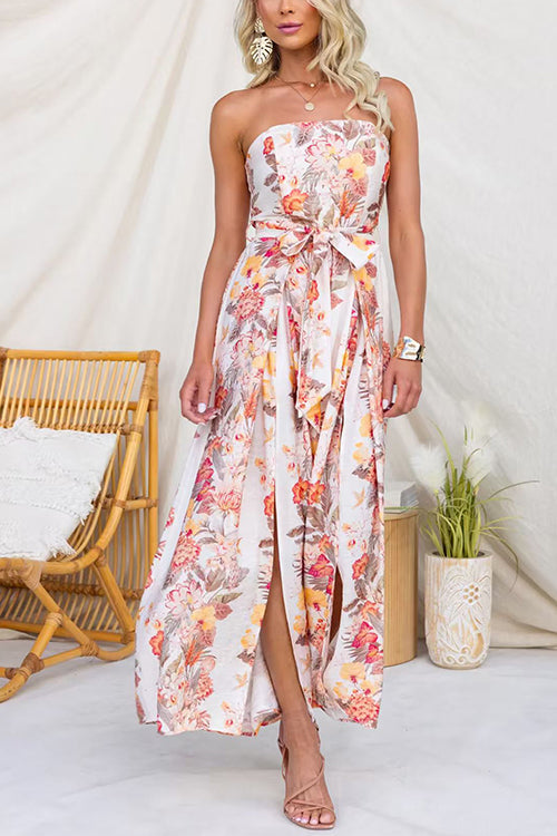 Strapless Bow Waist Floral Print Slit Wide Leg Jumpsuit