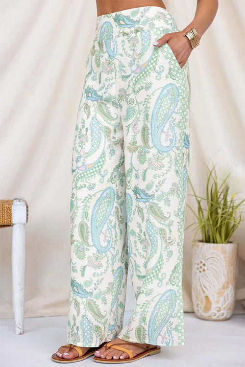 Elastic Waist Paisley Print Pocketed Wide Leg Pants