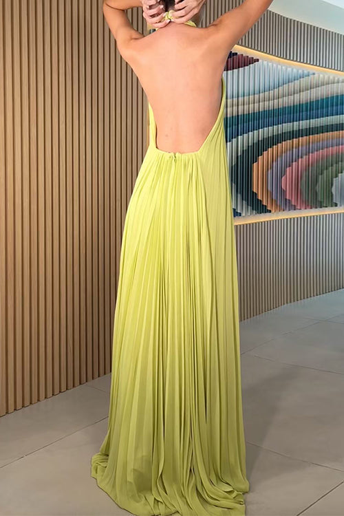 Halter Neck Open Back Pleated Maxi Dress