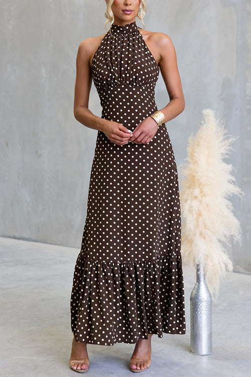 Halter Neck Backless Polka Dot Ruffle Maxi Dress