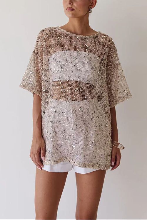 Round Neck Half Sleeves Crochet Hollow Out Sequin Top