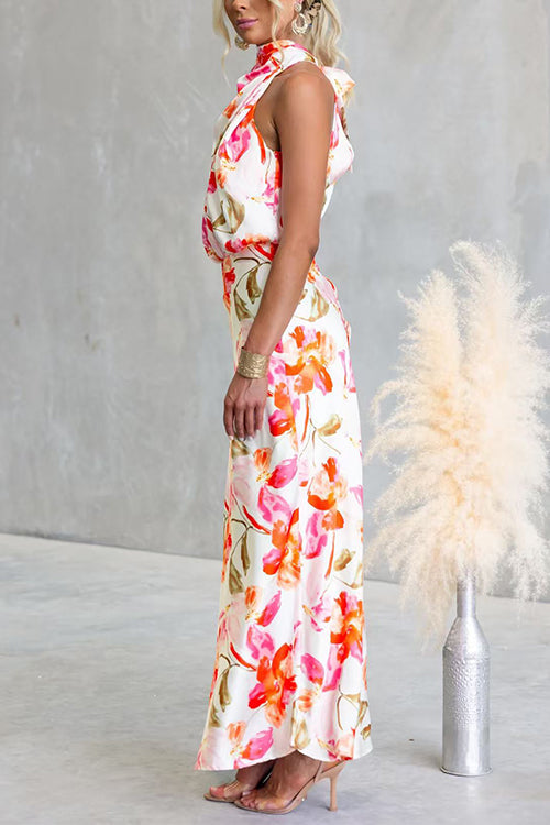 Asymmetrical Shoulder Sleeveless Waisted Floral Print Maxi Dress