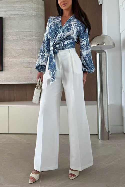 Wrap V Neck Long Sleeves Floral Print Top