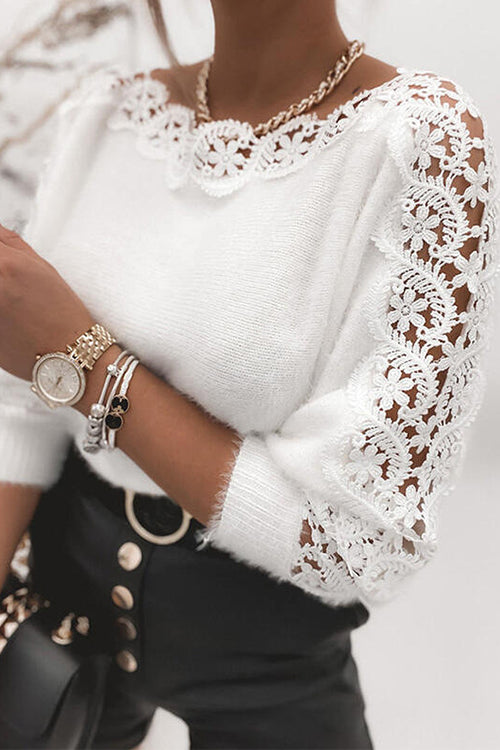 Heididress Hollow Out Lace Splice Long Sleeves Knit Top