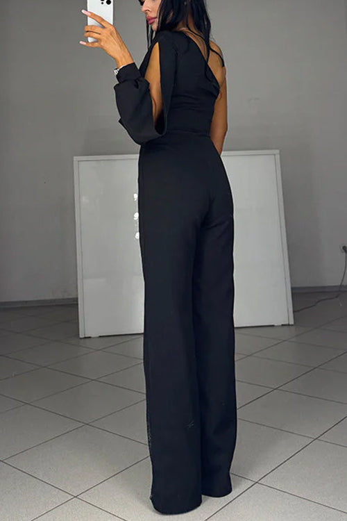 Heididress One Shoulder Long Sleeve Patchwork Wide Leg Jumpsuit