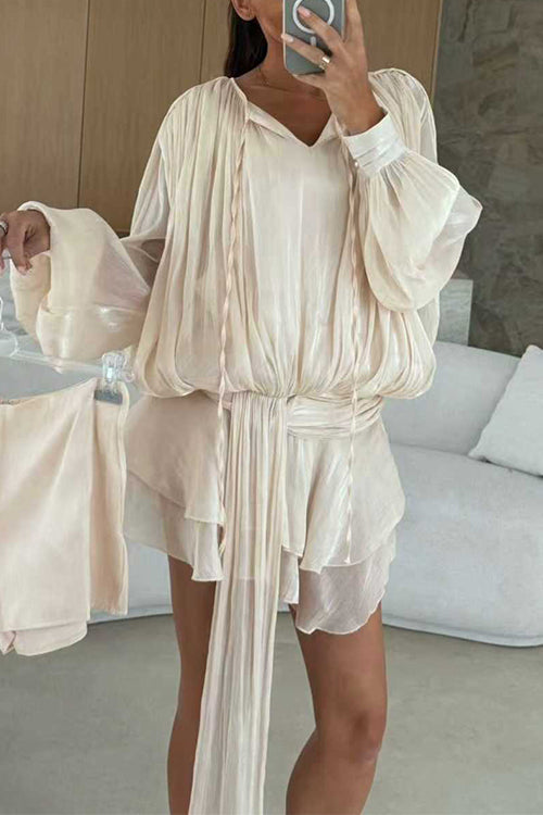 Heididress Lantern Long Sleeves Draped Ruffle Layered Mini Dress with Shorts