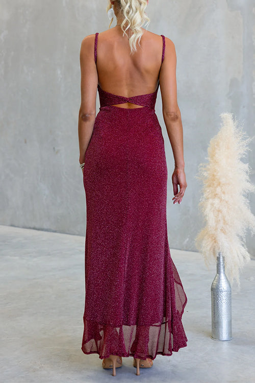 Glitter V Neck Sleeveles Ruffle Slit Maxi Dress