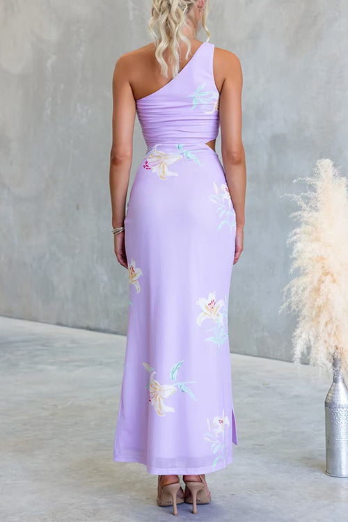 One Shoulder Cut Out Waist Floral Print Draped Maxi Dress
