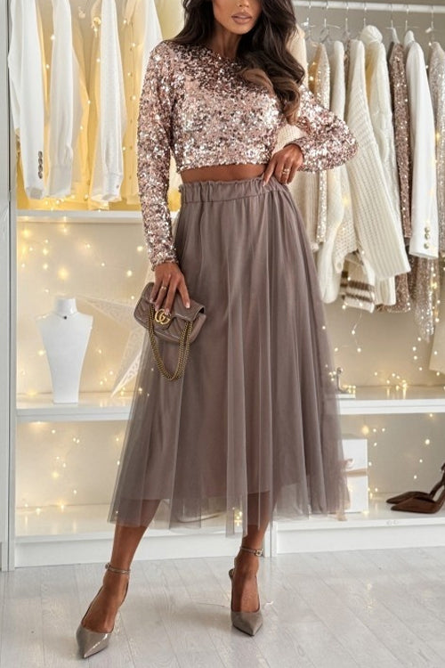 Heididress Solid Elastic Waist Mesh A-line Midi Skirt