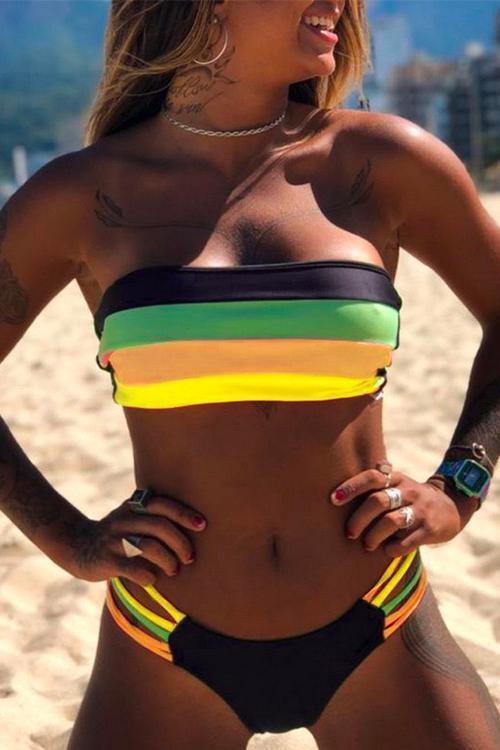 Heididress Rainbow Striped Tube Top Bandeau Bikini Set