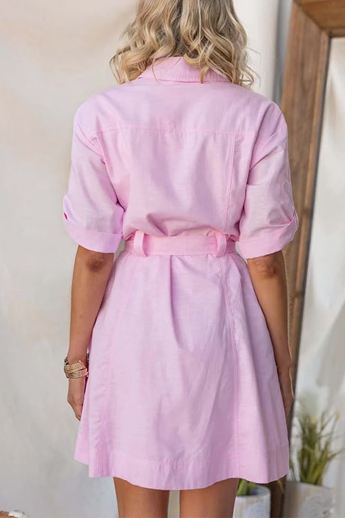 Rolled Up Sleeves Bow Waist Pocketed Mini Shift Dress