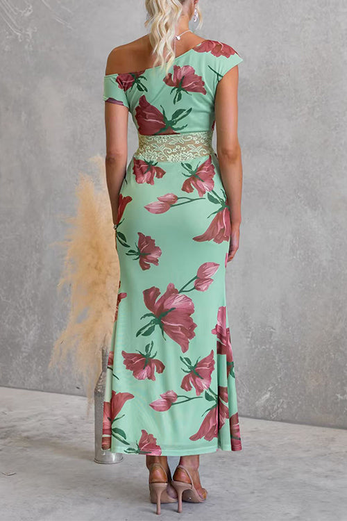 Asymmetrical Shoulder Lace Splice Floral Print Maxi Dress