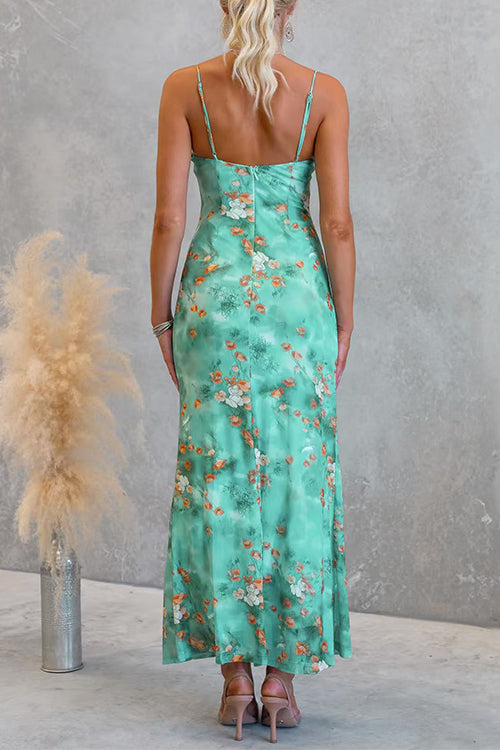 Adjustable Strap Floral Print Mesh Overlay Maxi Dress