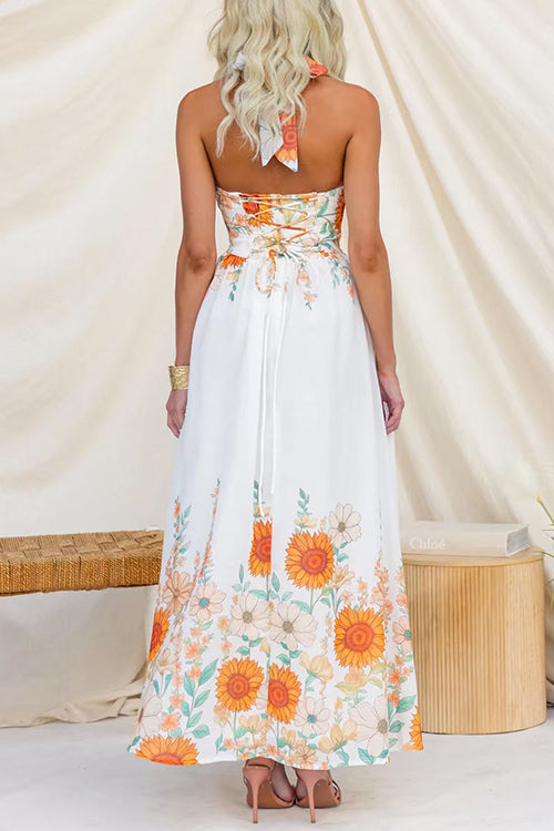 Halter V Neck Lace-up Backless Sunflower Print Maxi Dress