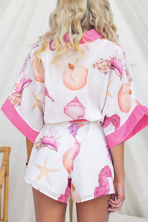 Half Sleeves Button Up Bow Waist Marine Life Print Romper