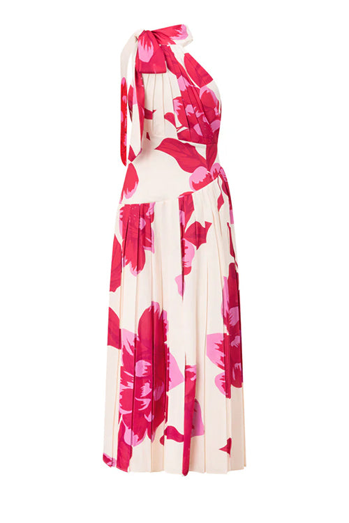 Bow Neck Sleeveless Floral Print Pleated Maxi Dress