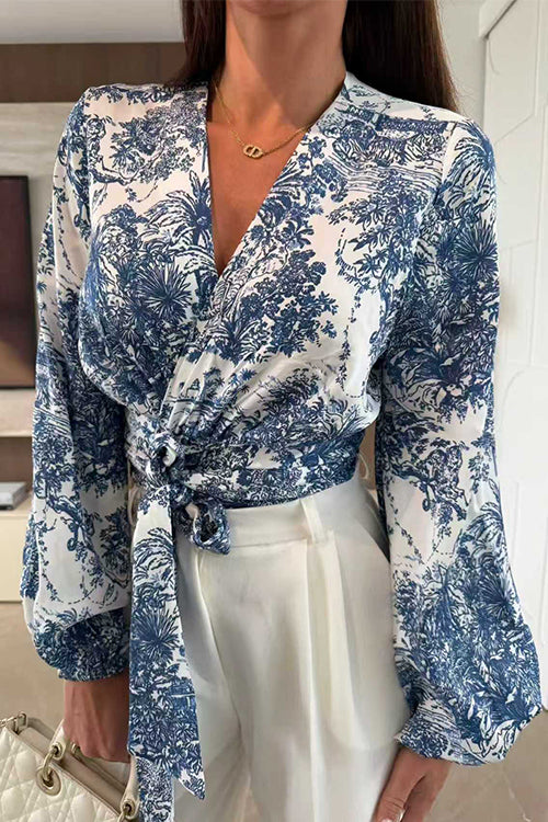 Wrap V Neck Long Sleeves Floral Print Top