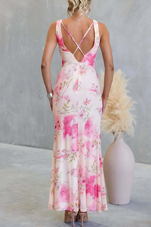 Cowl Neck Criss Cross Backless Floral Print Knot Waist Maxi Dress