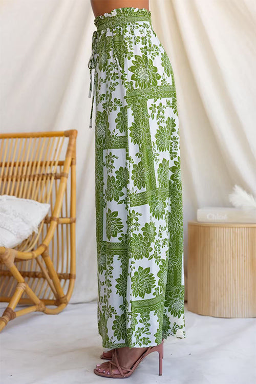 Elastic Waist Floral Print Pocketed Wide Leg Pants