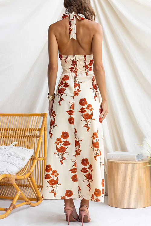 Halter V Neck Backless Floral Print Maxi Dress