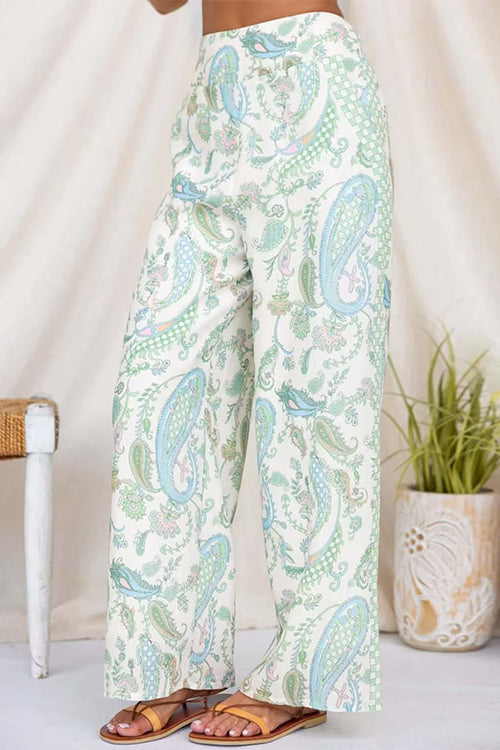 Elastic Waist Paisley Print Pocketed Wide Leg Pants