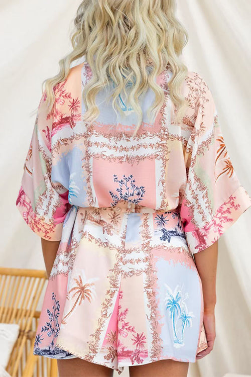 Half Sleeves Button Up Bow Waist Printed Romper