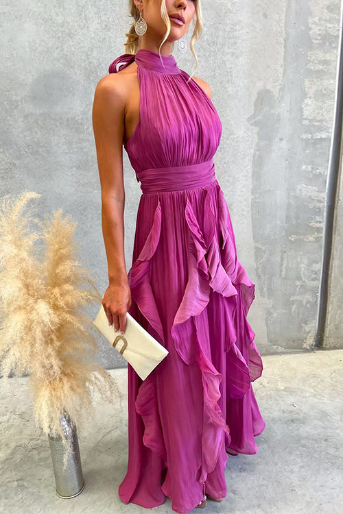 Halter Neck Waisted Ruffle Maxi Dress
