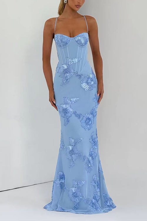 Heididress Backless Lace-up Corset Flower Embroidery Maxi Cami Dress