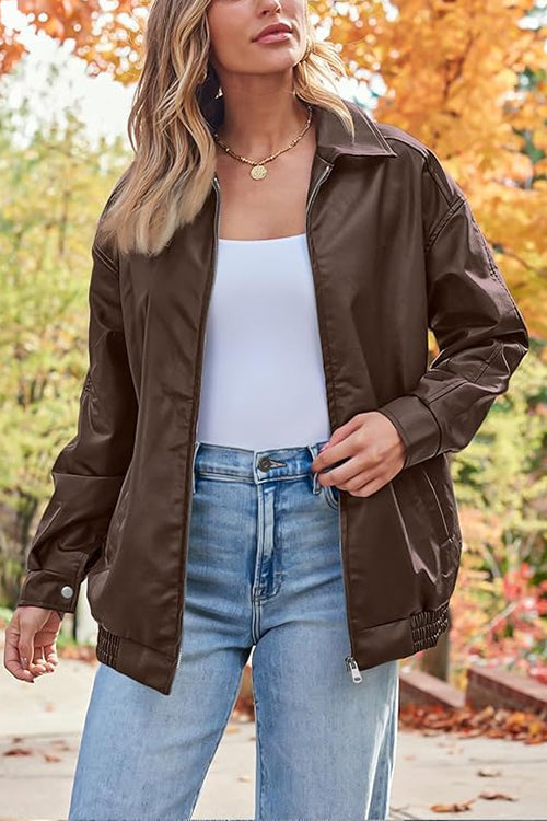 Heididress Lapel Zip Up Faux Leather Pocketed Jacket