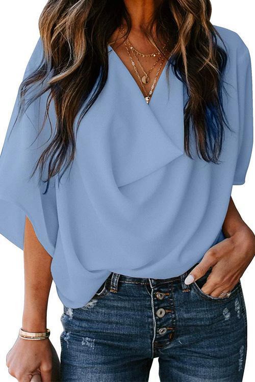 Heididress Cowl Neck Short Sleeve Drape Chiffon Shirt