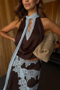 Sleeveless V Neck Lace Trim Satin Scarf Top