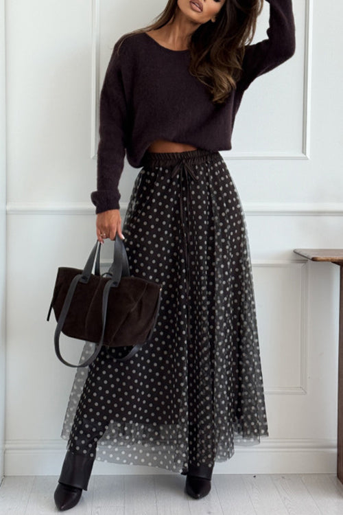 Drawstring Waist Polka Dot Tulle Maxi Skirt