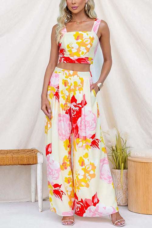 Floral Print Sleeveless Crop Top and Wide Leg Pants Set